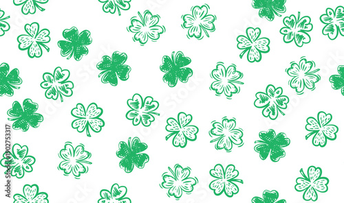 Green Clover pattern on white, Saint Patricks Day, hand drawn illustrations.