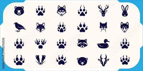 Collection of Wild Animal Icons and Paw Prints in Silhouette Vector Design for Nature, Wildlife, and Outdoor Themes