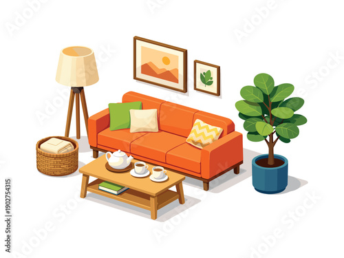 Cozy Living Room Interior Isometric Icon Set. Featuring sofa, lamp, coffee table, plants, basket, and wall art