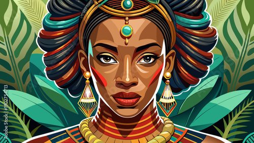 Very beautiful close-up studio portrait of an elegant Benin woman, highlighting natural beauty, confident expression, and contemporary interpretation of traditional African style.