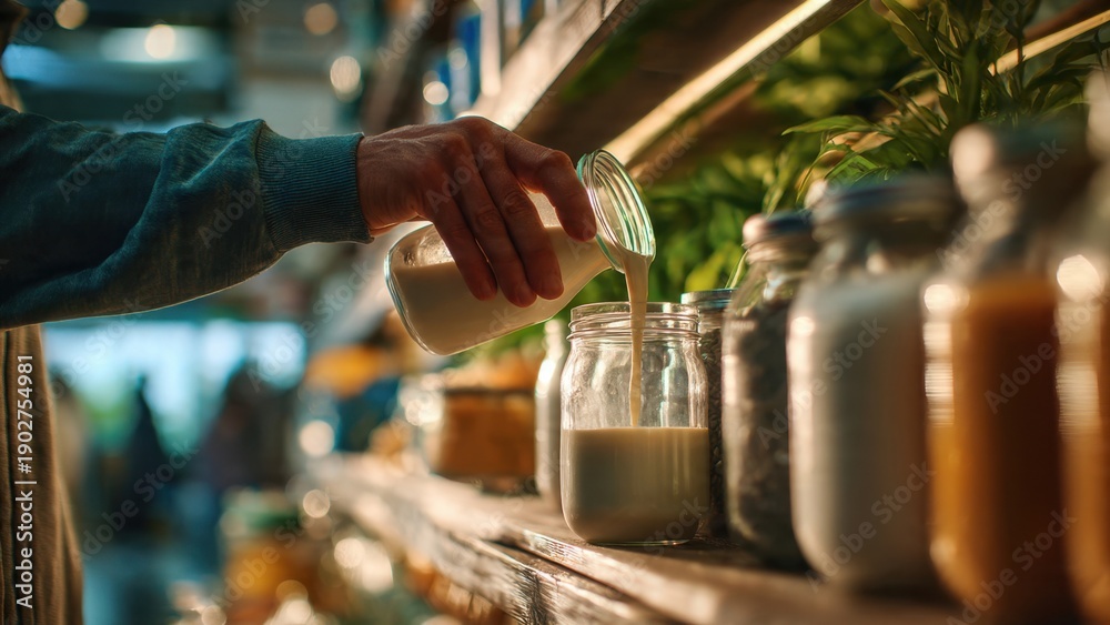 Obraz premium Pouring Non-Dairy Milk into a Jar