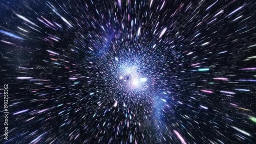 Warp speed galaxy corridor with glowing iridescent particles and dramatic sci fi motion