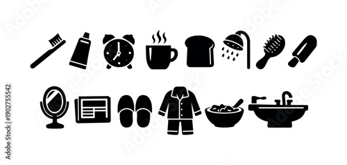 Morning Routine Silhouette Icon Set. Featuring toothbrush, toothpaste, alarm, coffee, toast, shower & more
