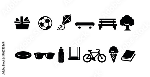 Outdoor Recreation Silhouette Icon Set. Featuring picnic, soccer ball, kite, skateboard, bench, tree, frisbee, sunglasses, water bottle, swing, bicycle, ice cream, book icons