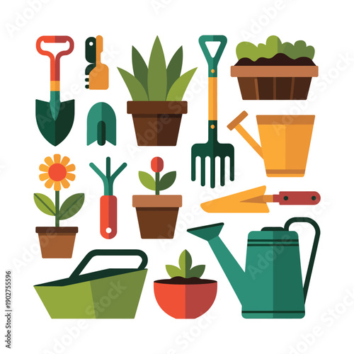 A colorful illustration of various gardening tools and potted plants on a white background.