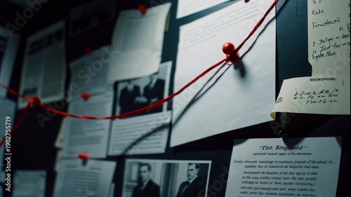 A video showcasing a wall covered in papers and photos connected by red string, illustrating a complex investigation or crime scene analysis.
