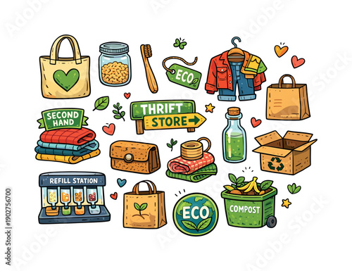 Eco-Friendly Lifestyle Icon Set. Featuring Thrift Store, Refill Station, Compost, Recycle, and Second Hand Symbols