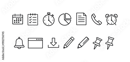 Office and Productivity Linear Icon Set. Featuring calendar, checklist, stopwatch, pie chart, document, phone, alarm, bell, browser, download, pencil, and pin.