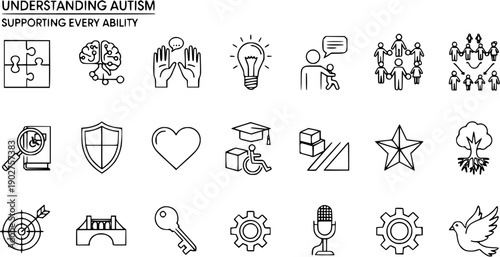 Understanding Autism Supporting Every Ability Icon Set: Outline Vector Collection for Awareness, Inclusivity, and Neurodiversity
