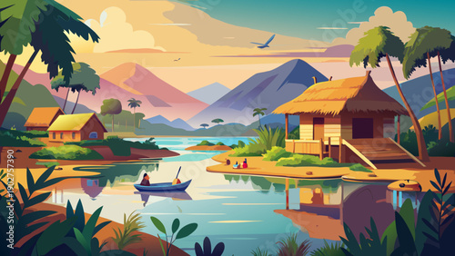 Very beautiful rural Benin landscape featuring a straw hut beside a calm lake, reflecting peaceful village life and harmonious connection between people and nature.