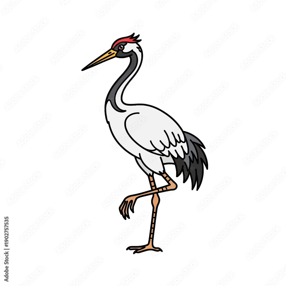 Naklejka premium Cartoon illustration of a white crane bird with a black neck and red head standing on one leg.