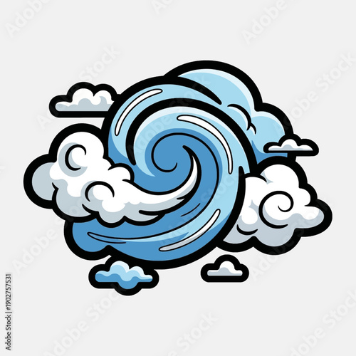 A stylized blue wind swirl surrounded by cartoon white clouds, depicted with bold outlines and a graphic art style.