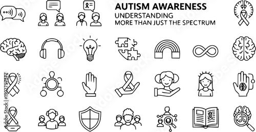 Autism Awareness  Neurodiversity Icons: Understanding, Support, Communication, Research, and Brain Health Symbols
