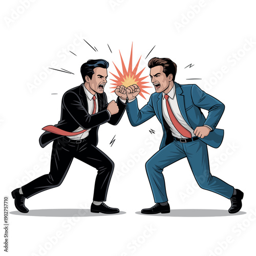 Two businessmen in suits fighting with fists and explosive impact between them
