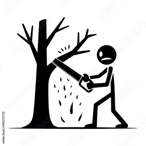 A stick figure cutting down a tree with a chainsaw in a simple black and white illustration.