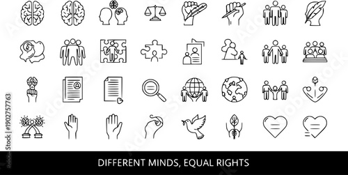Diverse Minds, Equal Rights: A comprehensive set of outline icons illustrating concepts of diversity, inclusion, justice, human rights, peace, and love.