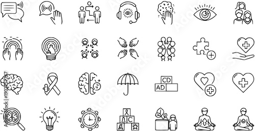 Human Connection, Mental Health, Communication, and Wellness Line Icons. Outline Set for Community, Brain, Care, Support, and Mindfulness Concepts.
