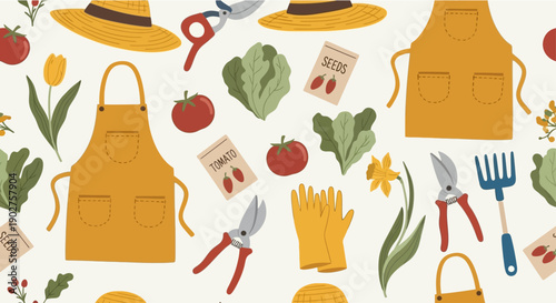 Whimsical garden tools and produce seamless pattern yellow aprons straw hats red tomatoes green lettuce gardening gloves pruners trowel seed packets and daffodils on a light cream background perfect