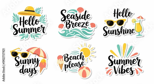 Summer vacation icons set with beach and sunshine illustrations