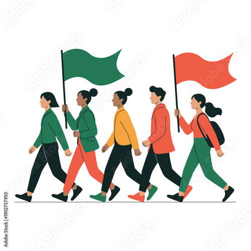 A diverse group of women marching together in solidarity, holding flags and wearing colorful clothing.