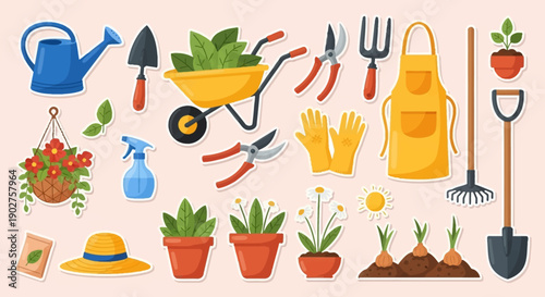 Gardening tools and plants on pink background with potted plants and gardening accessories