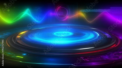 abstract futuristic ai technology background loop, colorful digital data visualization with copyspace, hightech holographic interface animation