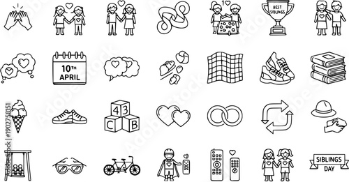 Celebrating Siblings: A Collection of Line Art Icons Representing Family, Fun, and Friendship