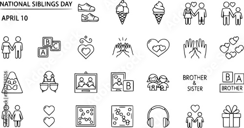 National Siblings Day April 10 Icon Set - Love, Family, Togetherness, Celebrations