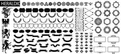 Heraldic Emblems Set: A comprehensive collection of heraldic elements, perfect for design and historical projects, including crests, shields, and ornate banners.