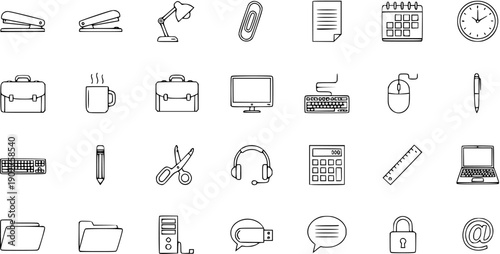 Flat Line Icon Set: Office Supplies, Technology, and Stationery Collection