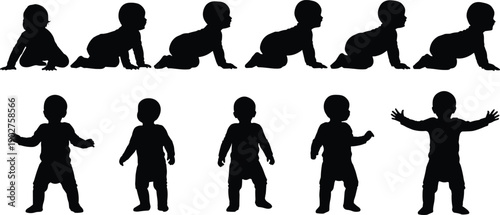 Black silhouettes of babies crawling and standing on white background baby infant