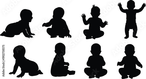 Black silhouettes of babies in various poses baby white background