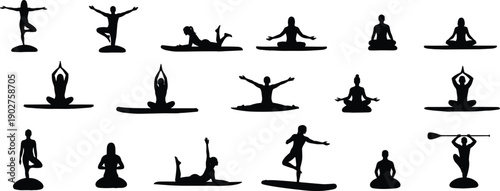 Black silhouettes of people doing yoga poses white background