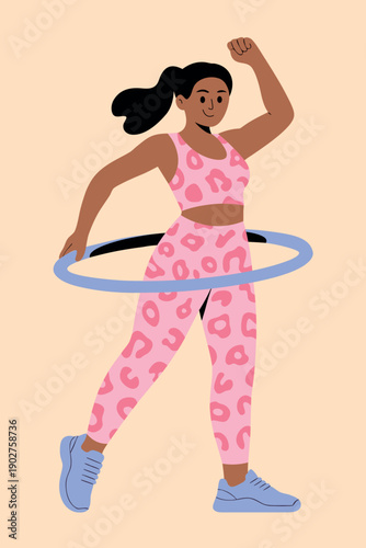 Energetic woman in a pink sport suit exercising with a hula hoop, vector illustration isolated. Perfect for fitness, health, and active lifestyle concepts