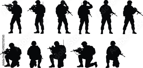 Black silhouettes of soldiers in various combat positions with guns military