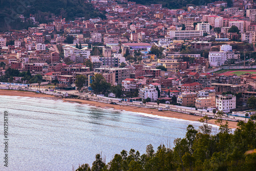 High angle panoramic view of Collo coastal city and its harbor, Skikda province.