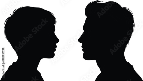Black silhouettes of two boys facing each other faces profile
