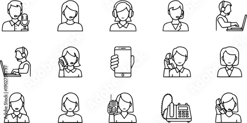 Customer Service, Support, and Communication Outline Icon Set. Includes Call Center Agents, Broadcasters, Technical Support Staff, Mobile Phones, and Desktop Telephones.