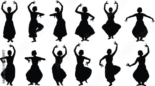 Black silhouettes of women in various dance poses white background