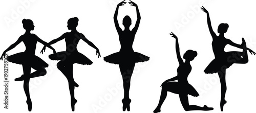 Five black silhouettes of ballerinas in various dance poses ballet white background