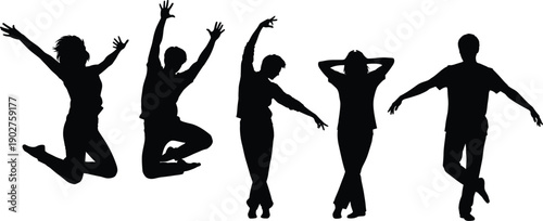 Five black silhouettes of people jumping or posing on white background