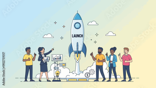 Group of People Standing Near Launching Rocket.