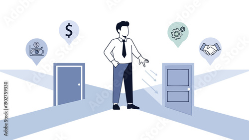 Man Choosing Between Two Doors Options.