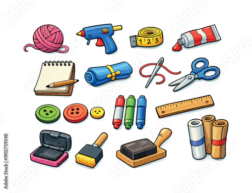 Craft Supplies Icon Set. Yarn, Glue Gun, Tape Measure, Paint, Notebook, Scissors, Ruler, Buttons, Markers