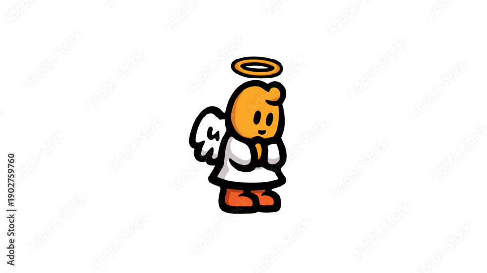 Obraz premium Cute Cartoon Angel Character with Golden Halo and White Wings Standing on a Pure White Background, Simple Divine Spiritual Icon