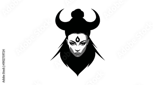 Stylized mystical face vector illustration with horns, third eye, and spiritual aura. Graphic black and white deity-like female portrait.
