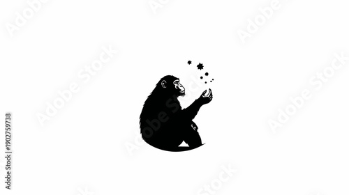 Abstract chimpanzee silhouette looking at floating particles. Graphic illustration of a thoughtful ape, black and white minimal design.