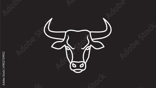 Stylized white outline bull head illustration on a black background. Minimalist vector art representing strength, power, and determination.