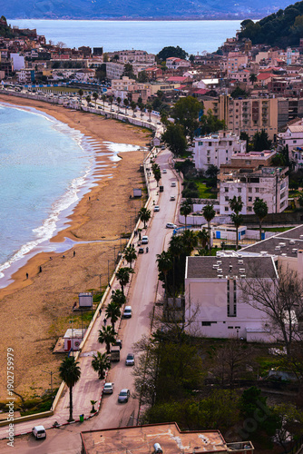 High angle panoramic view of Collo coastal city and its harbor, Skikda province.