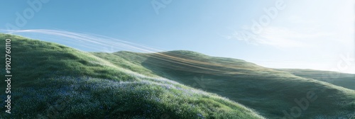 Idyllic sunny landscape with rolling green hills and blue sky
